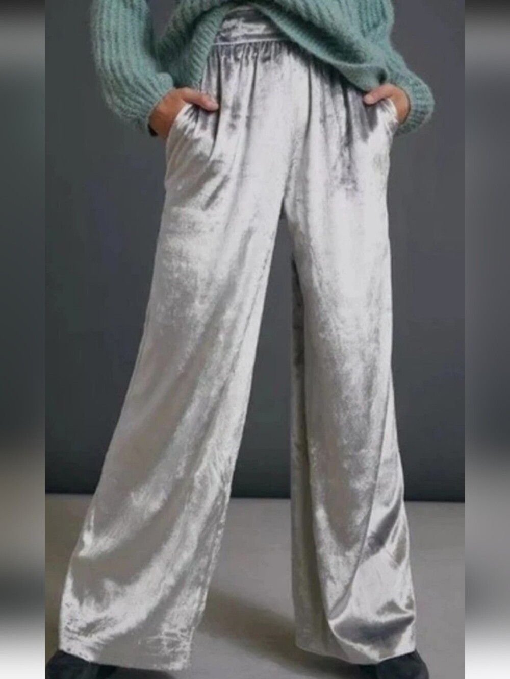 Anthropologie Silver Velvet Wide-Leg  Pants